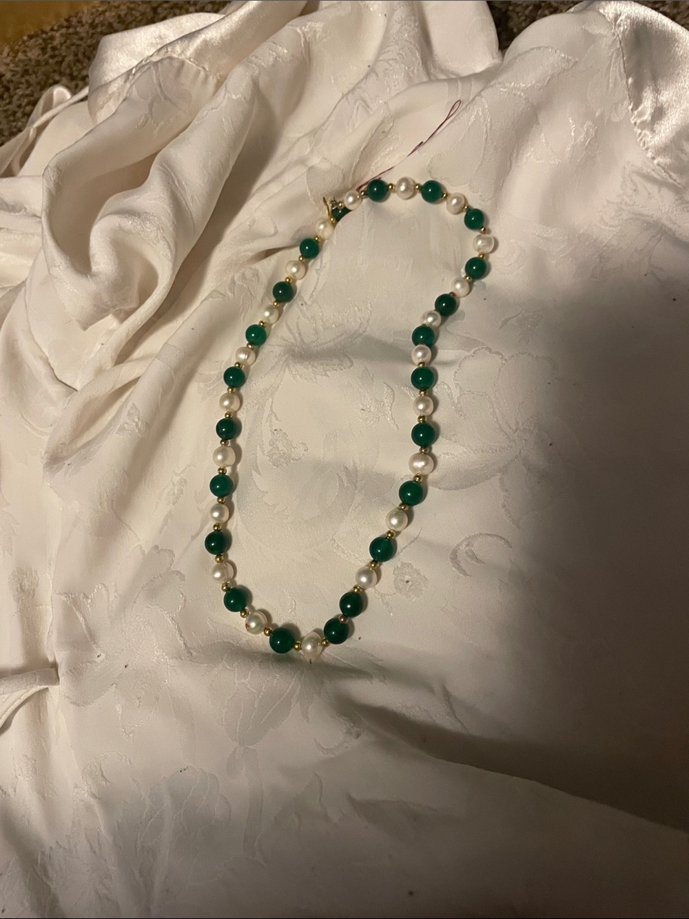Green gemstone and Pearl Necklace